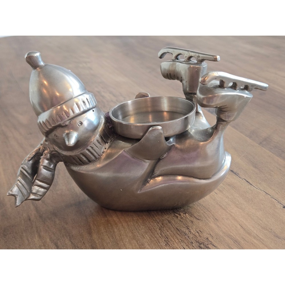 Vintage Silver Metal Ice Skating Snowman Tea Light Candle Holder Figurine Decor